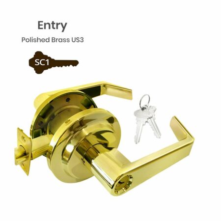 Grade 2 polished brass commercial lever lock – heavy-duty entry function with thumb turn and SC1 keys – box of 12