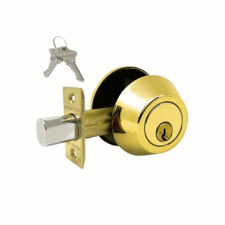 Single cylinder deadbolt door lock in polished brass finish – Grade 3, box of 6, includes keys and adjustable latch.