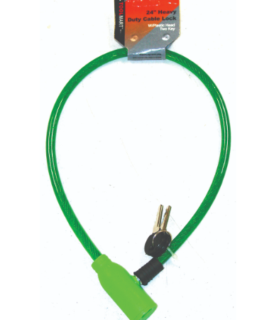 Cable lock with black plastic-coated 24-inch steel wire, shown with 2 keys, packaged on a retail display card with hang tag