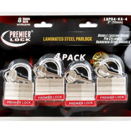 2-inch laminated steel padlocks with nickel plating, keyed alike, pack of 4 with brass cylinder and hardened steel shackle
