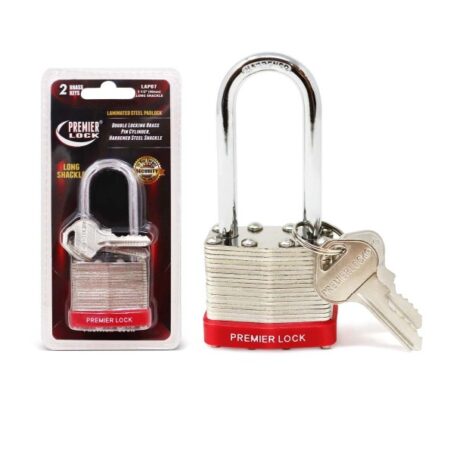 Long shackle 1.5-inch laminated steel padlock with brass pin tumbler, nickel-plated body, 40mm, keyed different – box of 24
