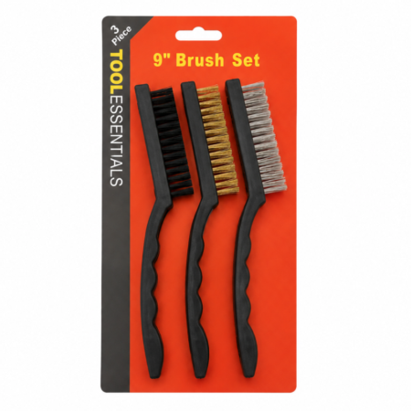 3 piece 9 inch wire brush set with plastic handles and mixed wire bristles