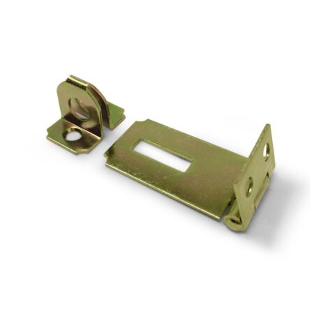 2-inch satin brass safety hasp with loop for padlock, case of 48, ideal for securing cabinets, drawers, and boxes.