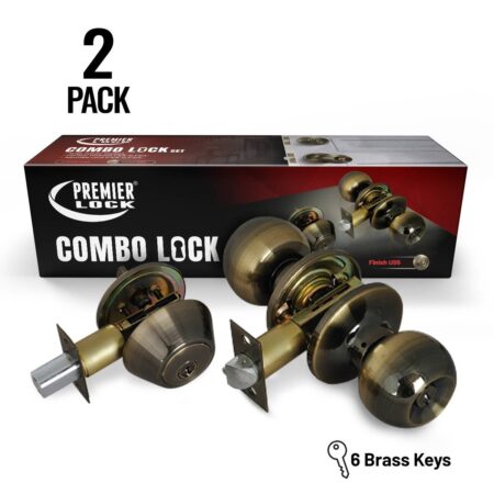 Entry Lock Set Door Knob & Deadbolt with 12 KW1 Keyed Alike (2-Pack) Antique Brass - Wholesale Price