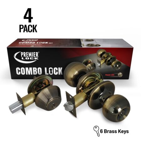 Entry Lock Set Door Knob & Deadbolt with 24 SC1 Keyed Alike (4-Pack) Antique Brass - Wholesale Price