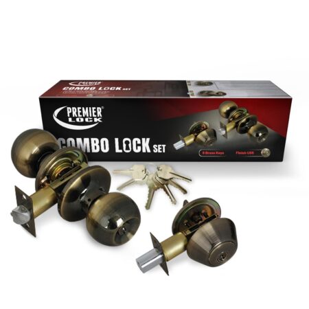 Entry Door Knob Combo Lock Set with Deadbolt and 6 KW1 Keyed Alike Antique Brass - Wholesale Price
