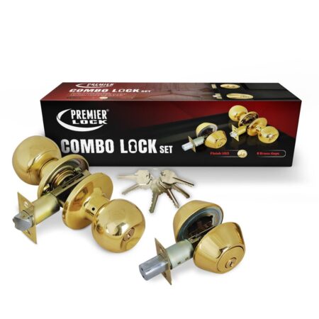 Entry Door Knob Combo Lock Set with Double Cylinder Deadbolt and 6 KW1 Keyed Alike Solid Brass - Wholesale Price