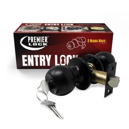 Matte black entry door knob with SC1 keyed alike system, adjustable latch, and durable 5-pin brass cylinder.