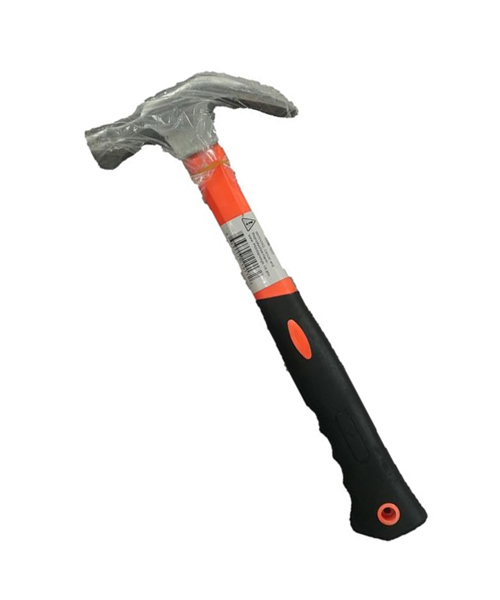 16-ounce claw hammer with strong fiberglass handle and orange non-slip grip for carpentry and DIY work.