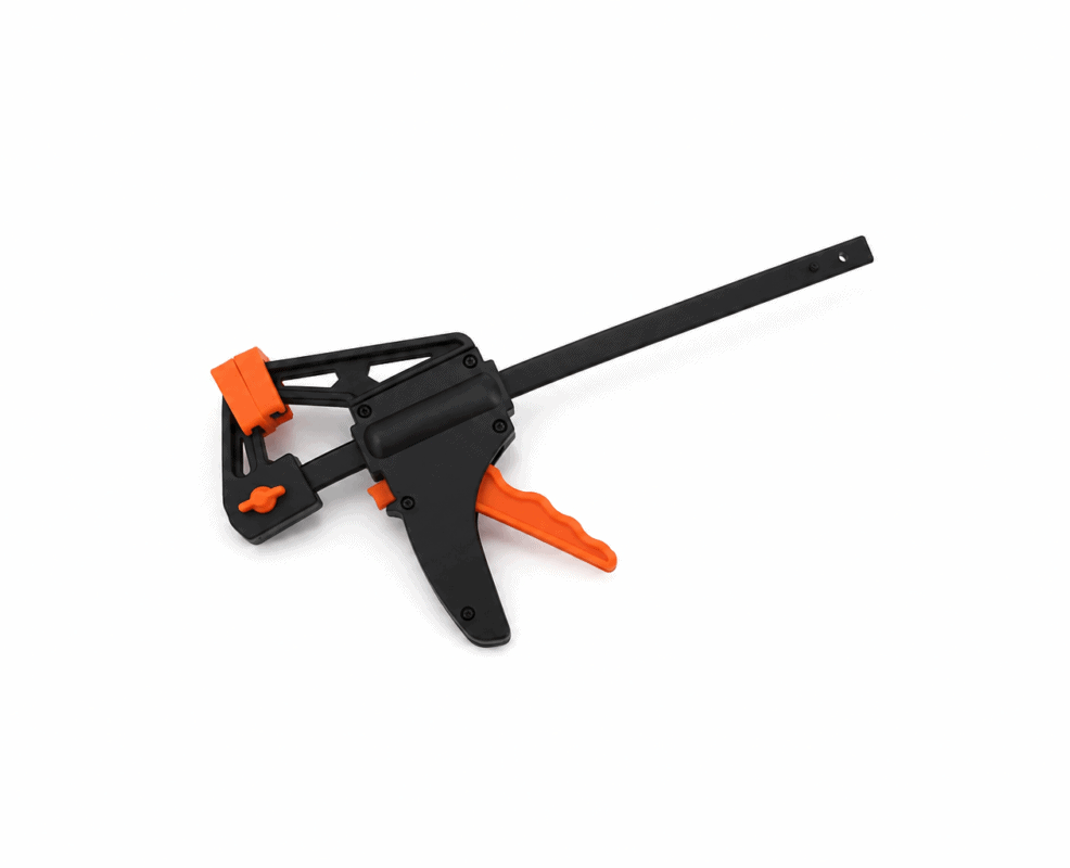 12 inch reversible ratcheting nylon F-clamp with quick release handle on white background