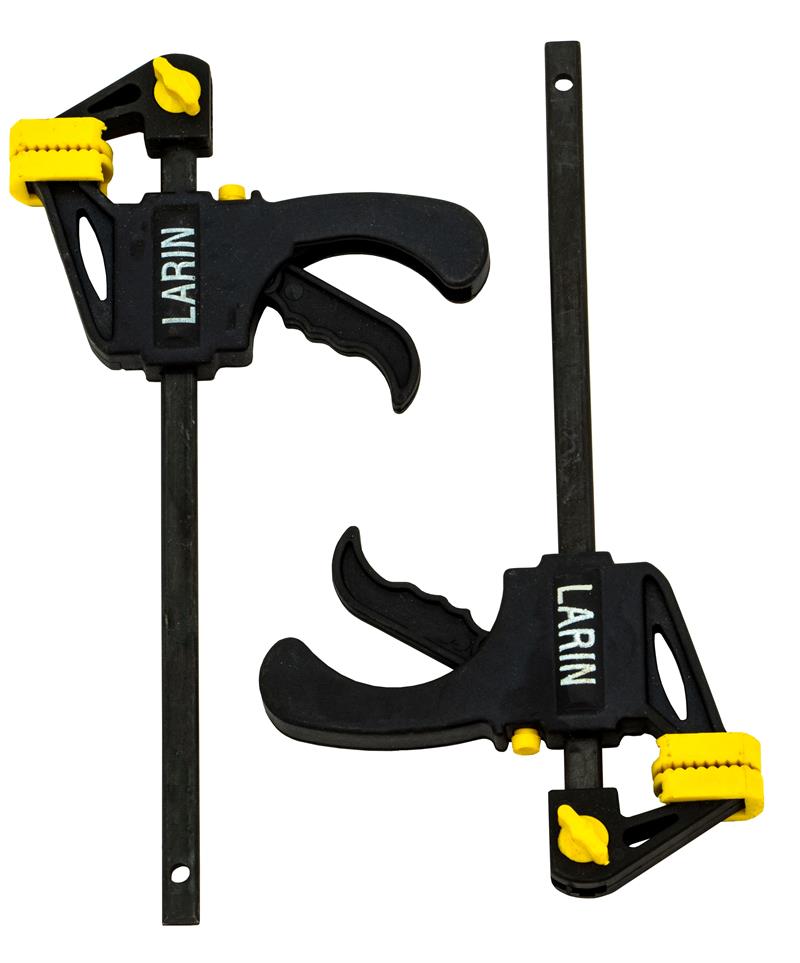 4-inch ratcheting bar clamp set, one-handed operation with quick-release and non-marring pads.”