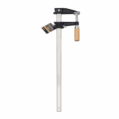 18 inch bar clamp with wooden handle and steel bar on white background