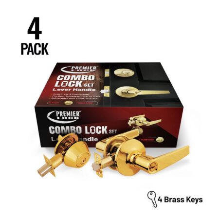 Entry Lock Set Door Lever Handle & Deadbolt with 16 SC1 Keyed Alike (4-Pack) Polished Brass - Wholesale Price