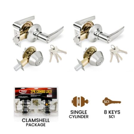 Entry Lever Combo Lock Set with Single Cylinder Deadbolt and 8 SC1 Keys (2 Pack) - Satin Stainless Steel – Wholesale Price