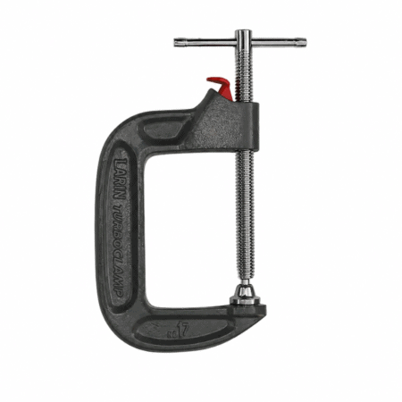 4 inch x 3 inch turbo C-clamp with steel screw handle on white background
