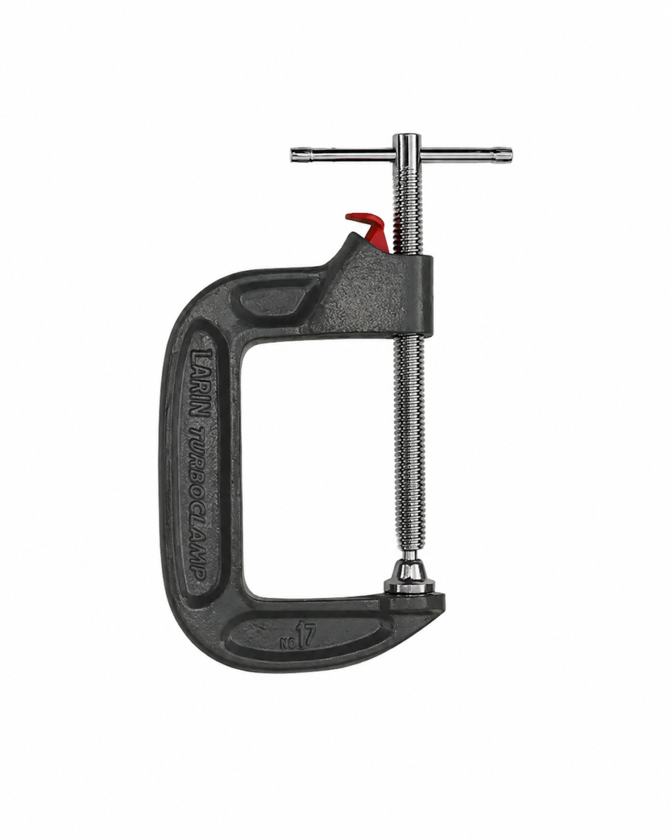 4 inch x 3 inch turbo C-clamp with steel screw handle on white background