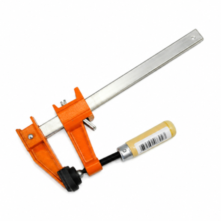 18 inch F-clamp with 3 inch throat and wooden handle on white background