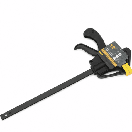 12 inch ratcheting bar clamp with quick release handle on white background
