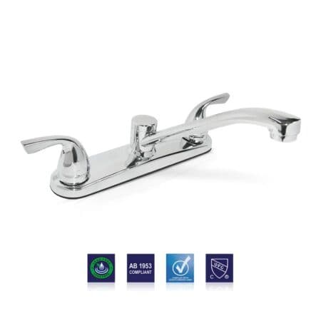 Upgrade your kitchen with a chrome dual handle faucet featuring washerless cartridge, 8" center fit, and efficient 2 GPM flow for long-lasting use.