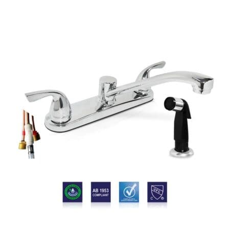 2 lever kitchen faucet with black spray provides efficient cleaning, flexible sprayer use, and strong chrome construction for kitchens.
