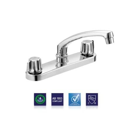 Upgrade your kitchen with a two handle faucet featuring Gerber style stems for smooth operation, durability, and classic design.