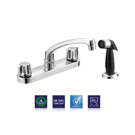 Upgrade your kitchen with a two handle faucet and sprayer designed with Gerber style stems for reliable performance and convenient use.