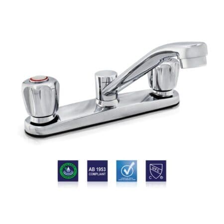 Durable chrome kitchen faucet with single handle and sprayer. Built with zinc construction, ceramic cartridge, and 2 GPM flow for long-lasting and efficient performance.