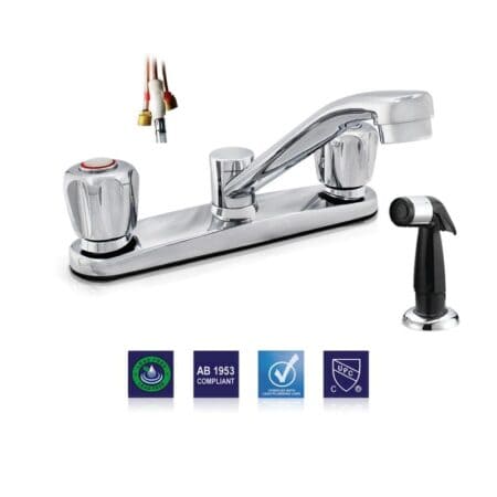 Durable two handle kitchen faucet with sprayer designed with Delta® style stems for smooth operation and long-lasting reliability in everyday use.