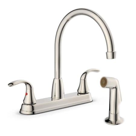 2 lever gooseneck kitchen faucet with sprayer offers high arc spout, flexible spray use, and durable satin nickel construction