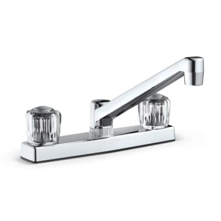 2 handle non metallic kitchen faucet offers lightweight design, easy installation, and durable chrome plated construction.
