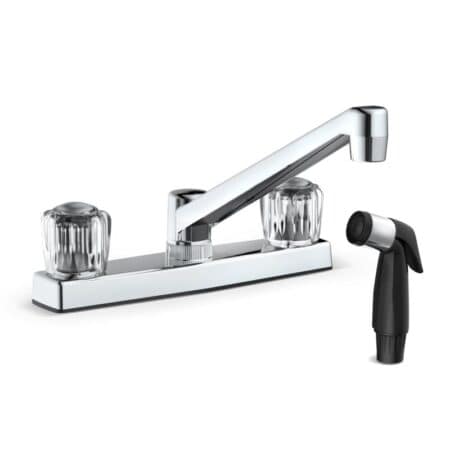 Durable 2 handle kitchen faucet non-metallic design includes sprayer, chrome finish, fits 8 inch center, 1.8 GPM output