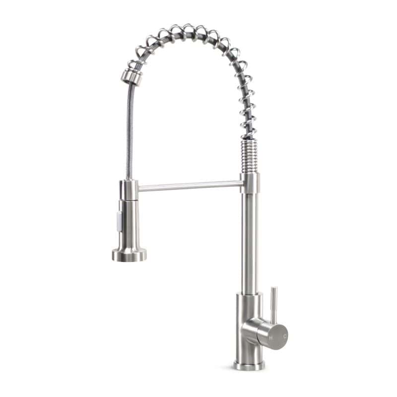Stainless steel single handle pulldown kitchen faucet front view