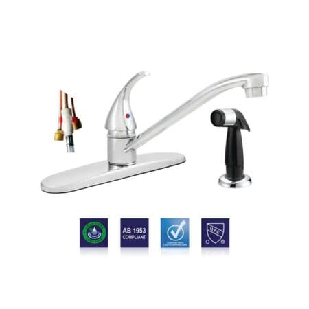Durable chrome kitchen faucet with single handle and sprayer. Built with zinc construction, ceramic cartridge, and 2 GPM flow for long-lasting and efficient performance.