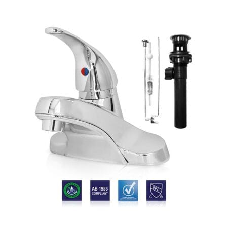Install single lever handle lavatory faucet with plastic pop-up chrome fits 4 inch center for efficient water control.