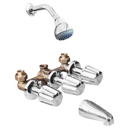 Durable shower and tub faucet set three handles with diverter handle ensures easy operation and consistent performance.