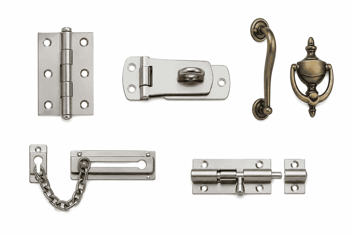 Door security hardware including hinges, safety hasps, barrel bolts, door pulls and safety guard on white background