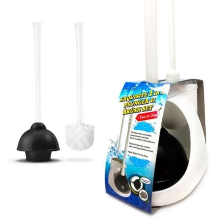 Toilet brush and plunger caddy set offers compact organization durable design and efficient everyday bathroom cleaning functionality.
