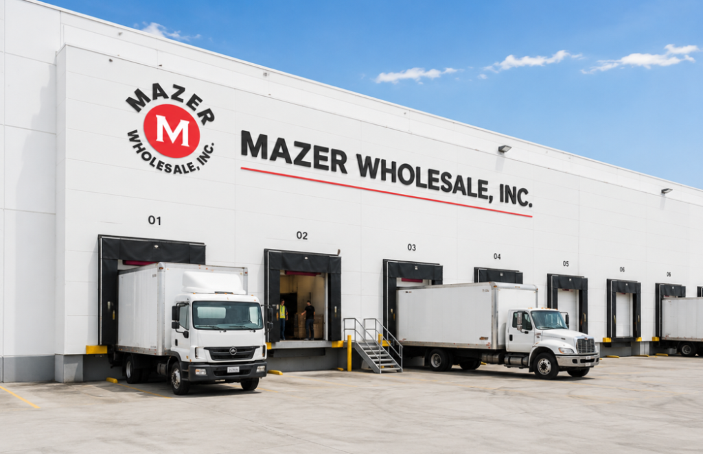 Mazer Wholesale Warehouse Loading Dock With Delivery Trucks And Workers