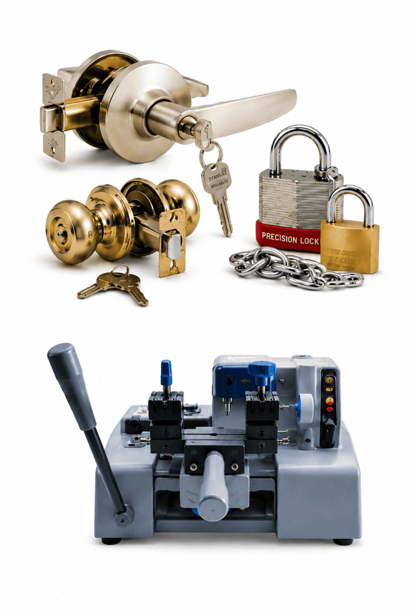 Commercial locks, padlocks, door hardware, and key cutting machine products on white background.
