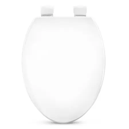 Elongated white slow-close plastic toilet seat delivers quiet closing performance durable construction.