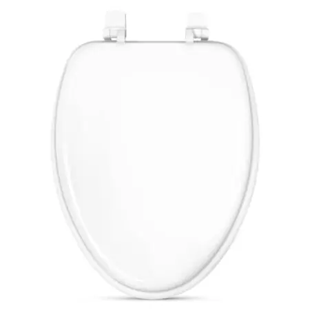 Elongated White Wood Toilet Seat offers sturdy wood construction, comfortable seating, and elegant white finish.