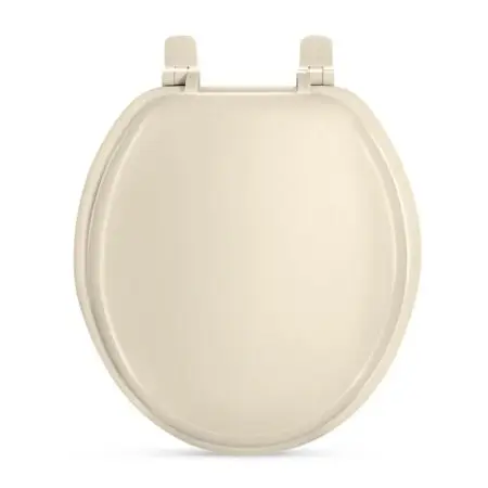 Round bone color soft cushion toilet seat provides comfortable support smooth surface.