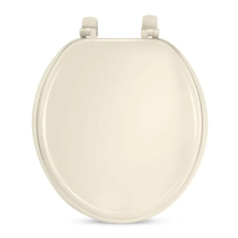Round bone color wood toilet seat offers sturdy wood construction smooth finish and dependable comfort for bathroom use.