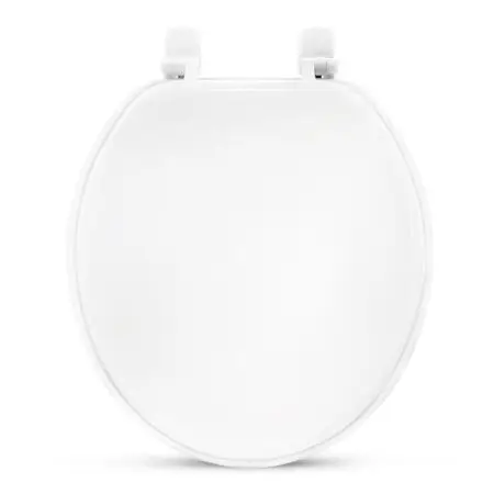 Round white wood toilet seat offers sturdy wood construction smooth finish and dependable comfort for bathroom use.