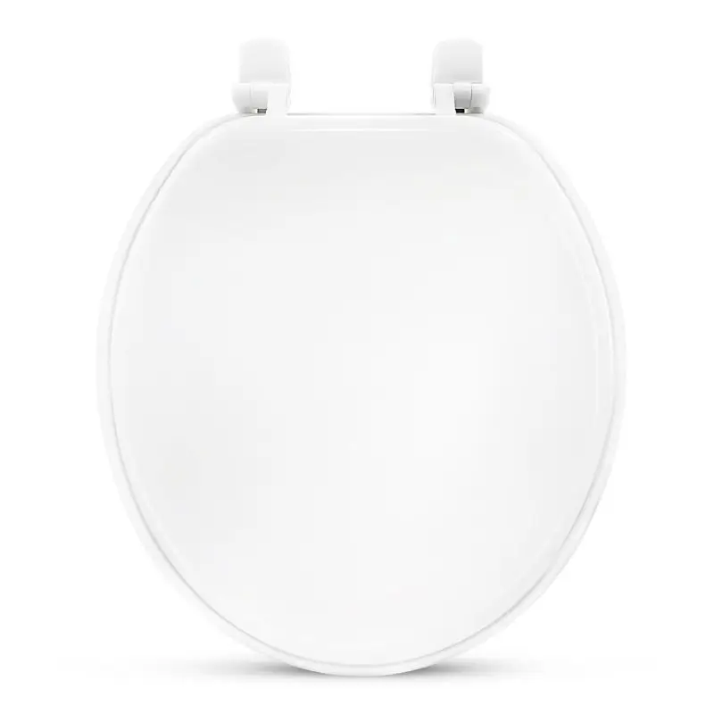 Round white wood toilet seat offers sturdy wood construction smooth finish and dependable comfort for bathroom use.