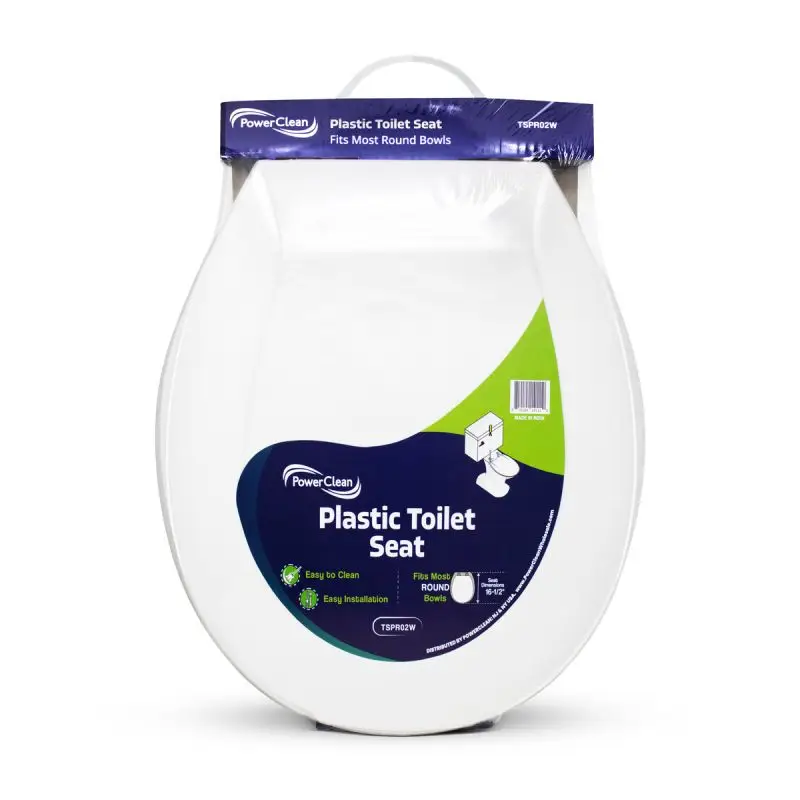 Plastic toilet seat for round bowls 16-1/2 inch white offers sturdy construction and easy bathroom installation functionality.