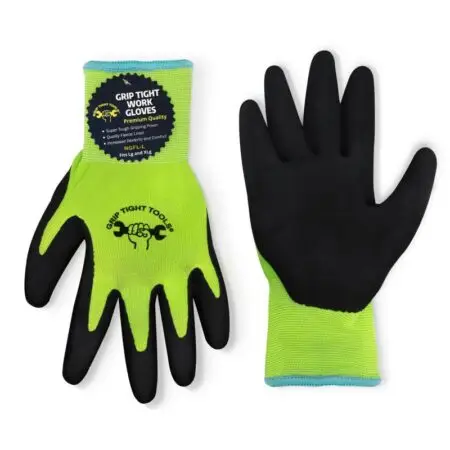 Neon green work gloves provide high visibility, excellent grip and reliable hand protection for construction and industrial applications.